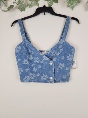 This listing is for Lena Size M Denim Floral Sleeveless Smocked Back Cotton Blen